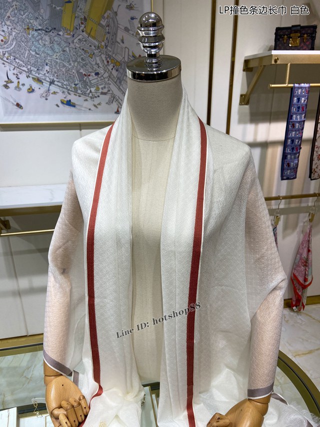 Loro Piana專櫃新款100%純山羊絨暗紋提花LP撞色條邊長巾 mmyj1296